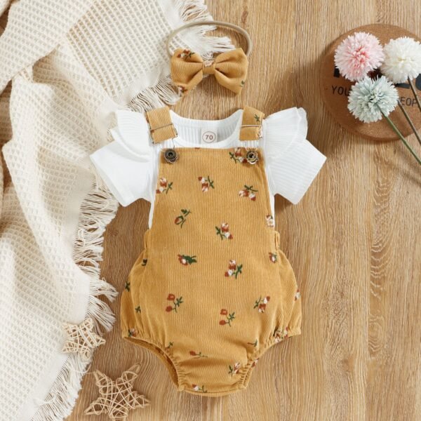 Liuliukd|New Born Girl Set Tops Corduroy Overalls Headband 3Pcs-Yellow-Baby