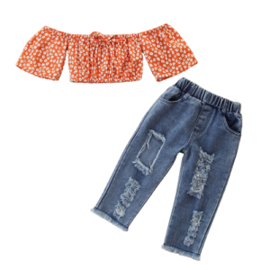 Liuliukd|Floral Off Shoulder Tube Top&Ripped Jeans Kid Summer Clother-Kids