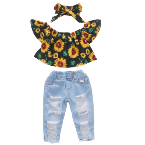 Liuliukd|Fly Sleeve Flower Print Top Denim Pants Headband Kids Wear-Kids