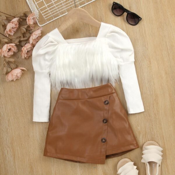 Liuliukd|Furry Top Leather Skirt Toddler Girl Clothing Set-White-Kids