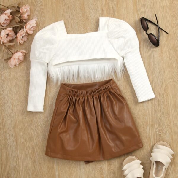 Liuliukd|Furry Top Leather Skirt Toddler Girl Clothing Set-White-Kids