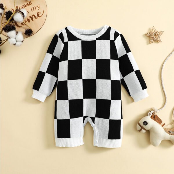 Liuliukd|Knit Checkerboard Baby Rompers-Black-Baby