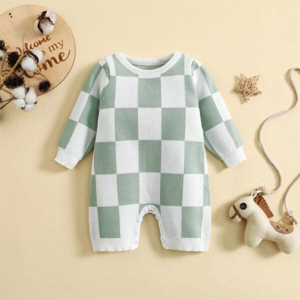 Liuliukd|Knit Checkerboard Baby Rompers-Green-Baby
