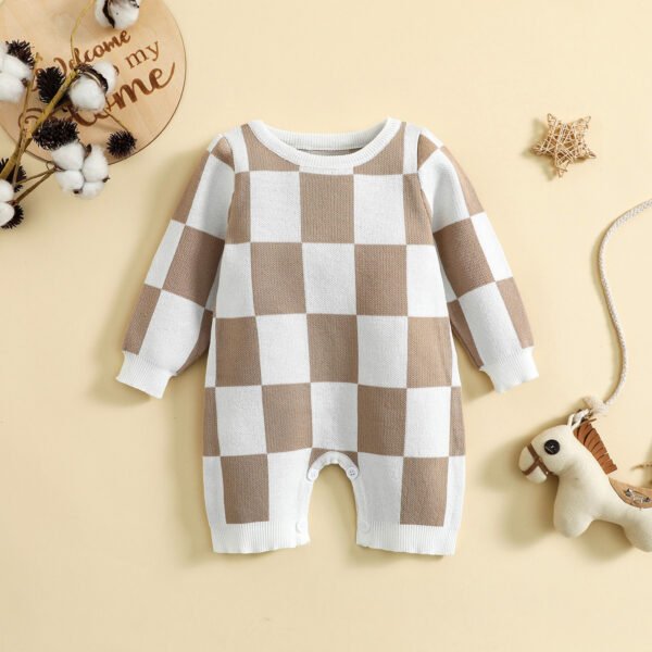 Liuliukd|Knit Checkerboard Baby Rompers-Khaki-Baby
