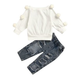 Liuliukd|Knitted Top Ripped Denim Trousers Girls Boutique Outfits-Kids