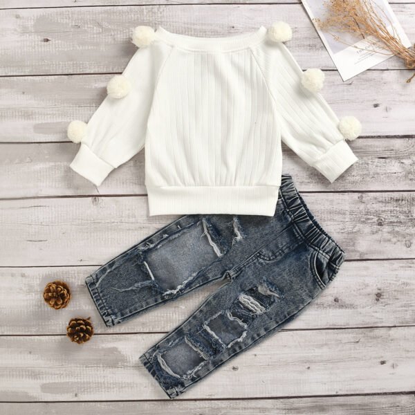Liuliukd|Knitted Top Ripped Denim Trousers Girls Boutique Outfits-White-Kids