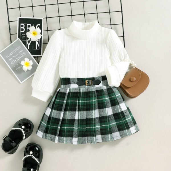 Liuliukd|Turtleneck Plaid Kids Two Piece Set-White-Kids