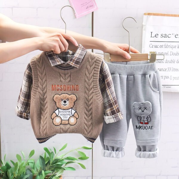 Liuliukd|Bear Knitted Vest 3 Pieces Toddler Boy Clothes-Coffee-Kids