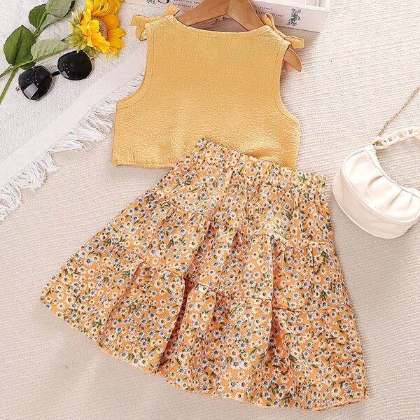 Liuliukd|Lace Up Vest Floral Skirt Girls Boutique Clothing-Orange-Kids