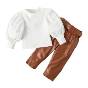 Liuliukd|Puff Sleeve Leather Girl Fashion Clothes-Kids