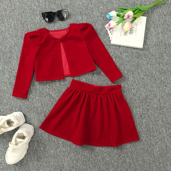 Liuliukd|Short Cardigan Skirt Set Girls Clothes-Red-Kids