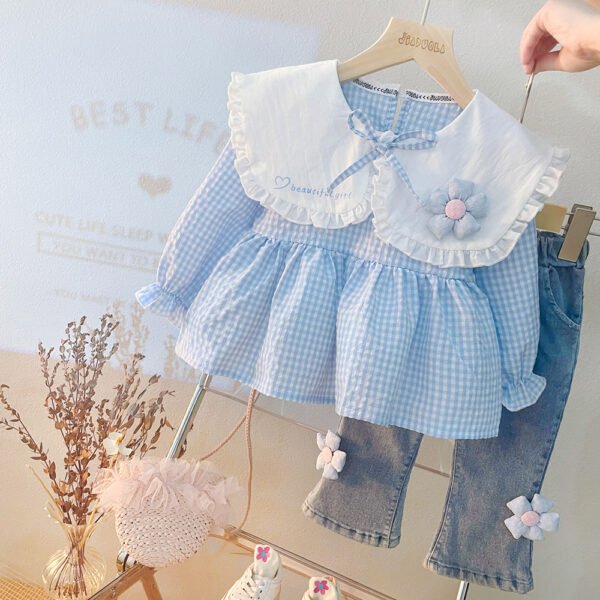 Liuliukd|Flower Plaid Kids Clothes Girls-Blue-Kids