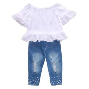 Liuliukd | Kids Girls Off Shoulder Tops and Pearls Jeans Set-Kids