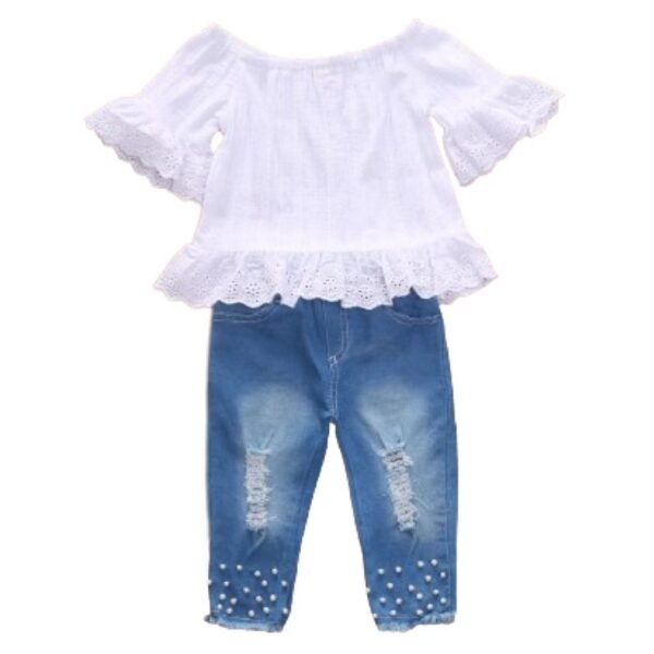 Liuliukd | Kids Girls Off Shoulder Tops and Pearls Jeans Set-Kids