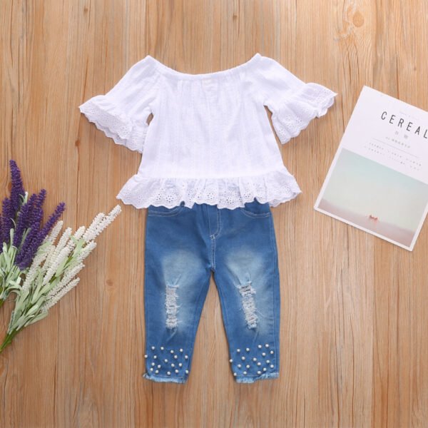 Liuliukd | Kids Girls Off Shoulder Tops and Pearls Jeans Set-White-Kids