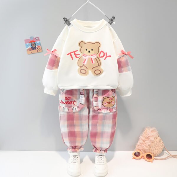 Liuliukd|Plaid Cartoon Bear Girls Clothes-White-Kids