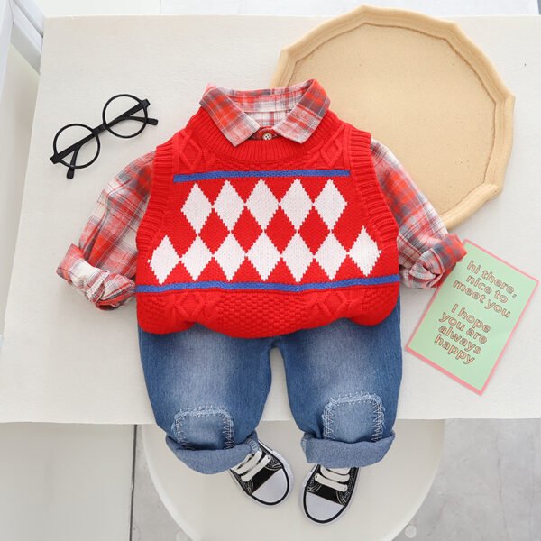 Liuliukd | Toddler Boys Crewneck Rhombus Sweater 3-Piece Set-Red-Kids