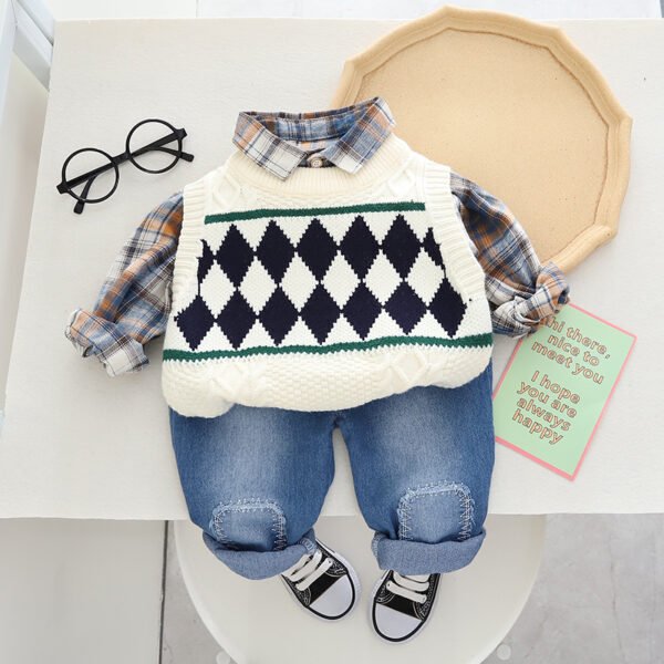 Liuliukd | Toddler Boys Crewneck Rhombus Sweater 3-Piece Set-White-Kids
