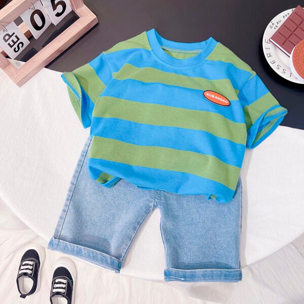 Liuliukd | Toddler Boys Stripe T-shirt & Denim Pants Set-Blue-Kids