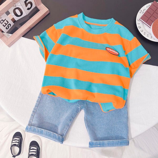 Liuliukd | Toddler Boys Stripe T-shirt & Denim Pants Set-Green-Kids