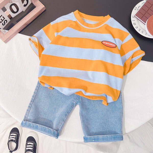 Liuliukd | Toddler Boys Stripe T-shirt & Denim Pants Set-Yellow-Kids