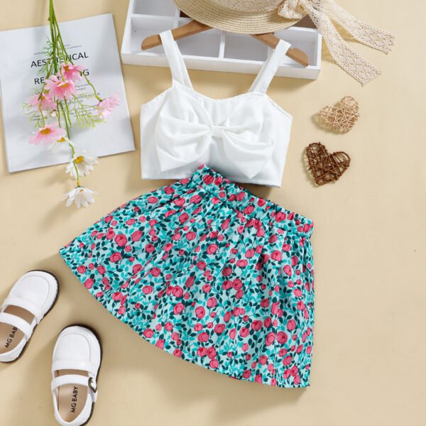 Liuliukd | Toddler Girls Bowknot Vest and Floral Skirt Set-White-Kids