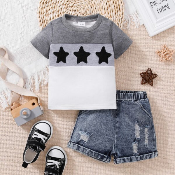 Liuliukd | Baby Boys Patchwork T-shirt and Denim Shorts Set-Gray-Baby