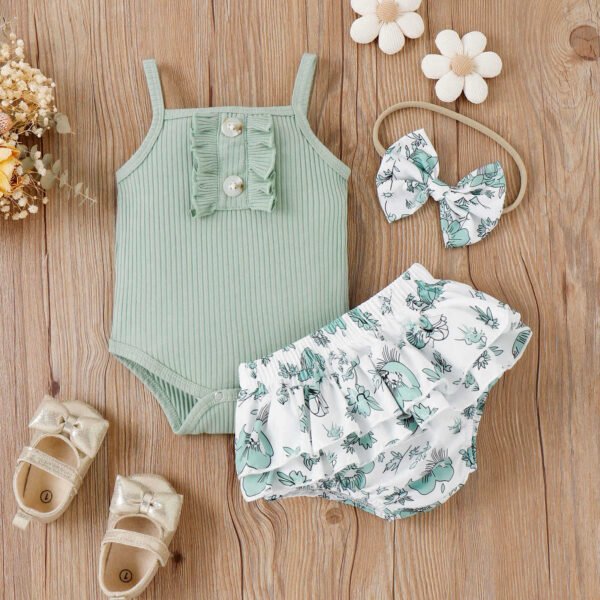 Liuliukd | Baby Girls Bodysuit & Flower Shorts Set-Green-Baby