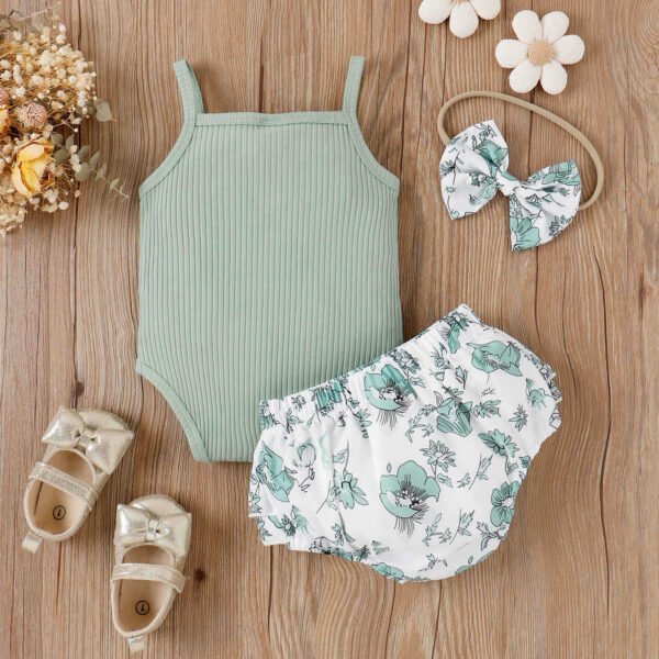 Liuliukd | Baby Girls Bodysuit & Flower Shorts Set-Green-Baby