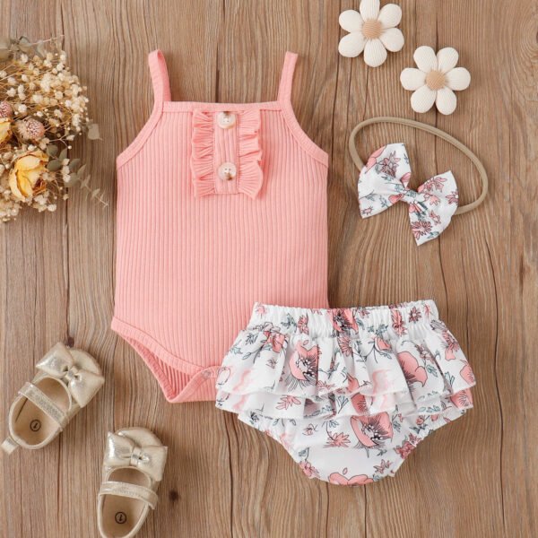 Liuliukd | Baby Girls Bodysuit & Flower Shorts Set-Pink-Baby