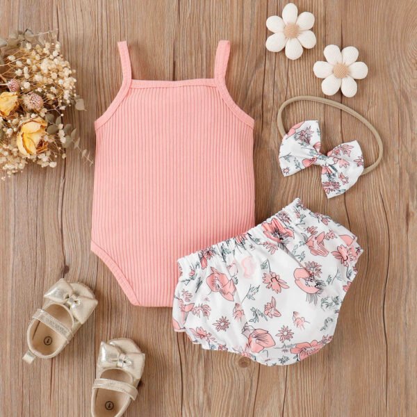 Liuliukd | Baby Girls Bodysuit & Flower Shorts Set-Pink-Baby