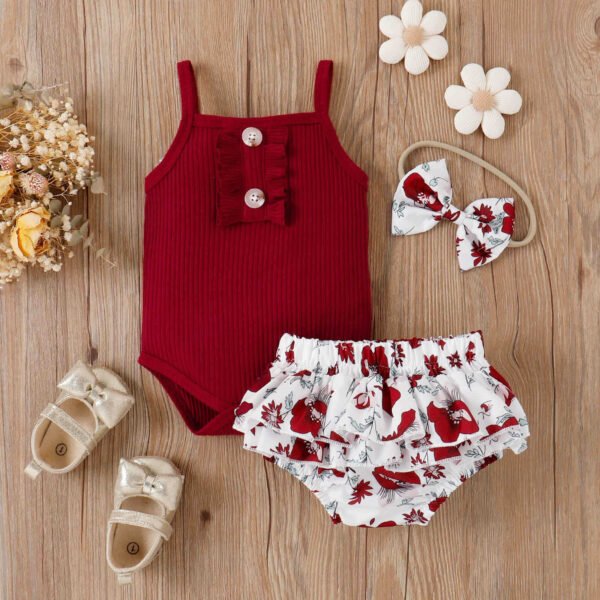 Liuliukd | Baby Girls Bodysuit & Flower Shorts Set-Red-Baby