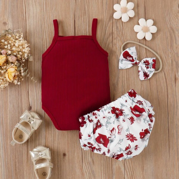 Liuliukd | Baby Girls Bodysuit & Flower Shorts Set-Red-Baby