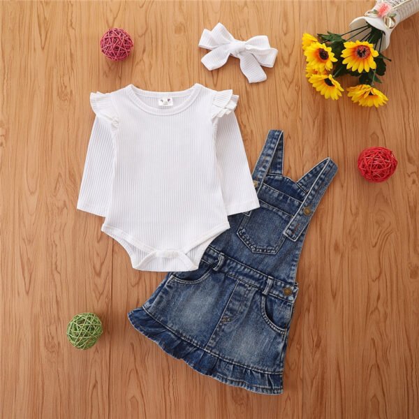 Liuliukd | Baby Girls Bodysuit and Denim Suspender Dress Set-White-Baby