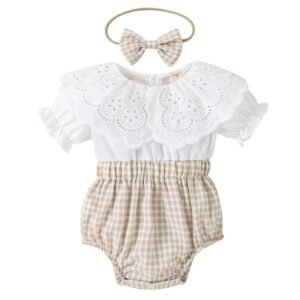 Liuliukd | Baby Girls Plaid Patchwork Romper & Headband-Baby