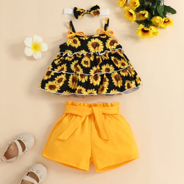 Liuliukd | Baby Girls Sunflower Vest and Shorts Set-Black-Baby