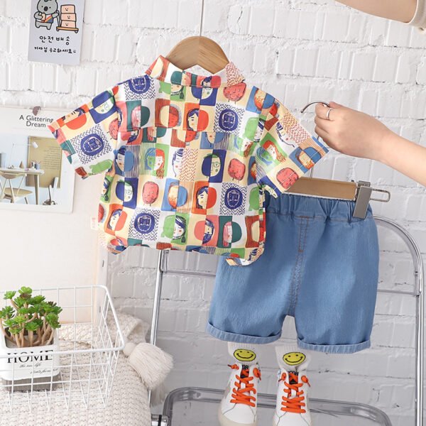 Liuliukd | Boys Cartoon Shirt & Denim Shorts Set-Beige-Kids