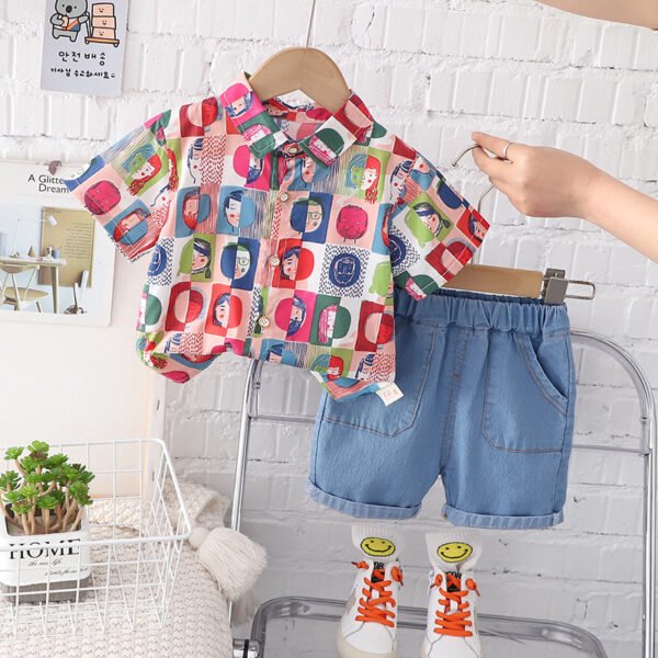 Liuliukd | Boys Cartoon Shirt & Denim Shorts Set-Red-Kids