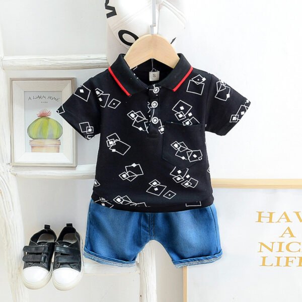 Liuliukd | Boys Geometry Polo Shirt and Denim Shorts Set-Black-Kids