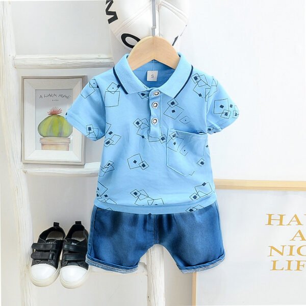Liuliukd | Boys Geometry Polo Shirt and Denim Shorts Set-Blue-Kids