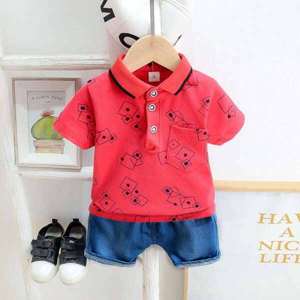 Liuliukd | Boys Geometry Polo Shirt and Denim Shorts Set-Red-Kids