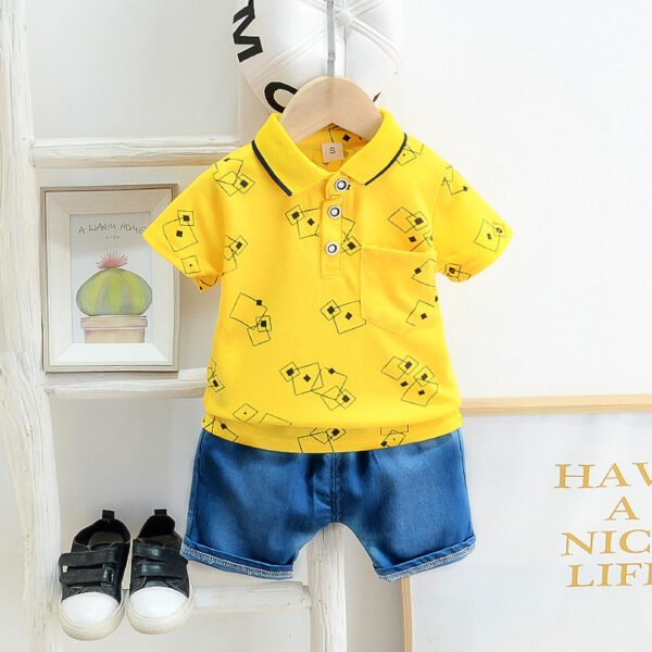 Liuliukd | Boys Geometry Polo Shirt and Denim Shorts Set-Yellow-Kids