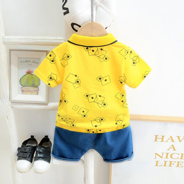 Liuliukd | Boys Geometry Polo Shirt and Denim Shorts Set-Yellow-Kids