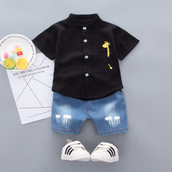 Liuliukd | Boys Giraffe Shirt & Denim Shorts Set-Black-Kids