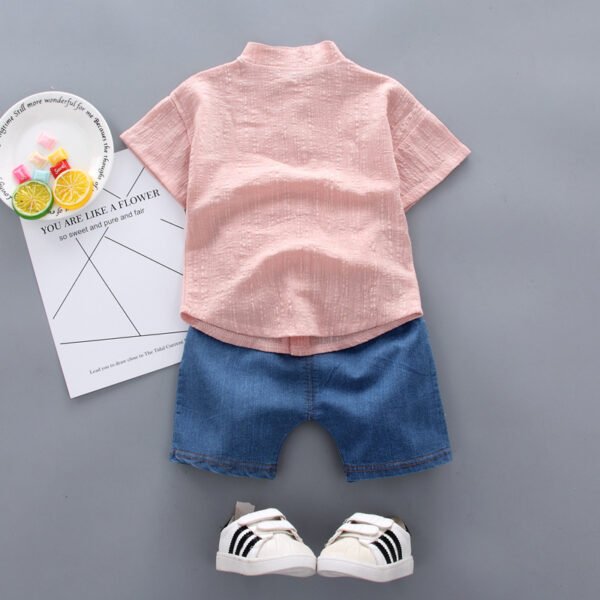 Liuliukd | Boys Giraffe Shirt & Denim Shorts Set-Pink-Kids