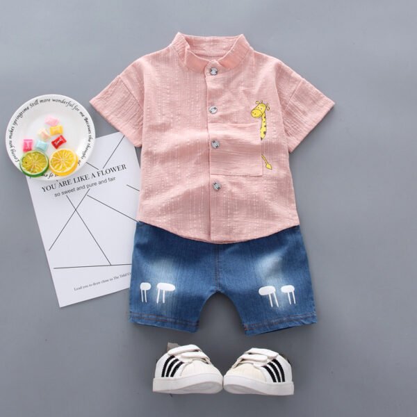 Liuliukd | Boys Giraffe Shirt & Denim Shorts Set-Pink-Kids