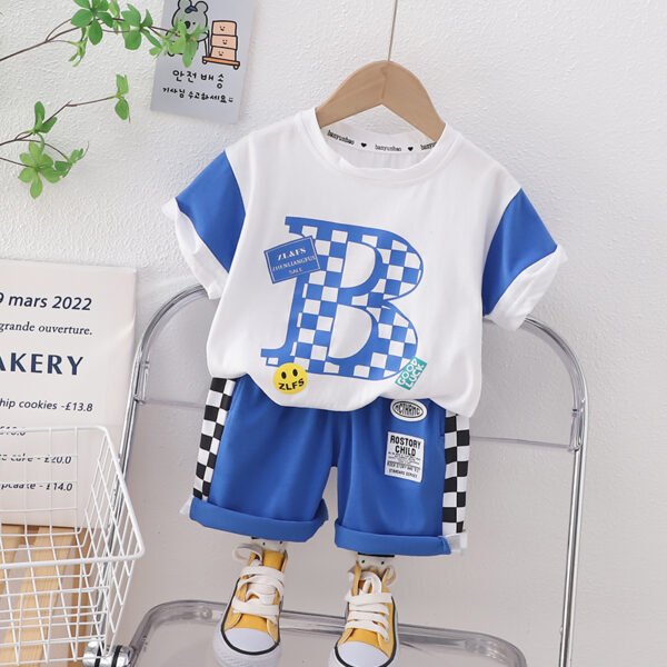 Liuliukd | Boys Letter Plaid T-shirt & Pants Set-Blue-Kids