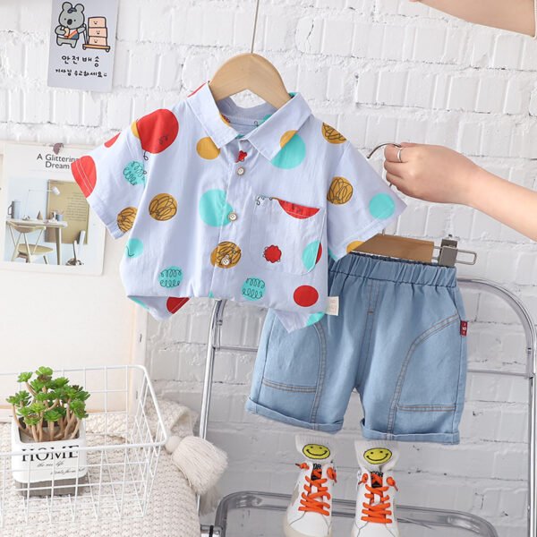 Liuliukd | Boys Polka Dot Shirt and Denim Shorts Set-Blue-Kids