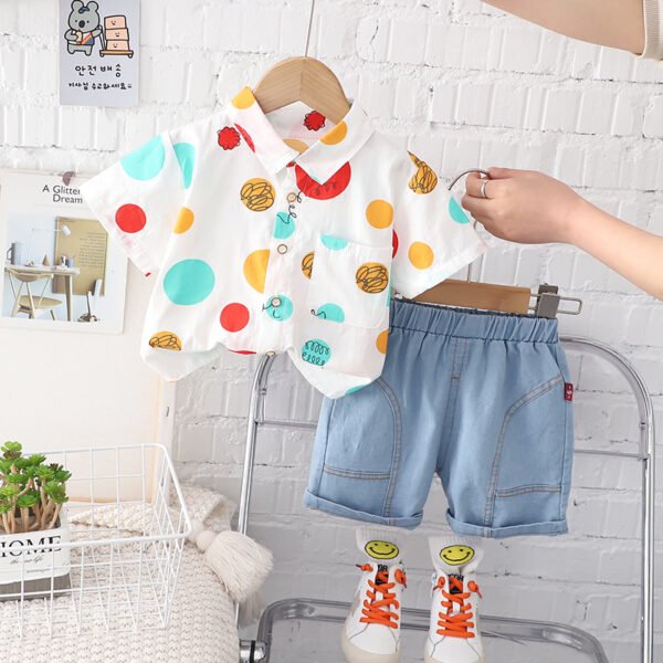 Liuliukd | Boys Polka Dot Shirt and Denim Shorts Set-White-Kids