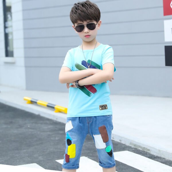 Liuliukd | Boys Print T-shirt & Denim Shorts Set-Blue-Teenager